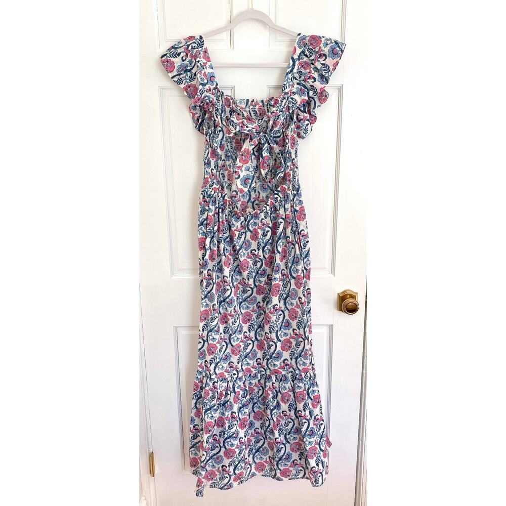 ANNA CATE Giselle Dress Blue Pink Floral Block Print Ruffle Smocked Maxi - Picture 5 of 8
